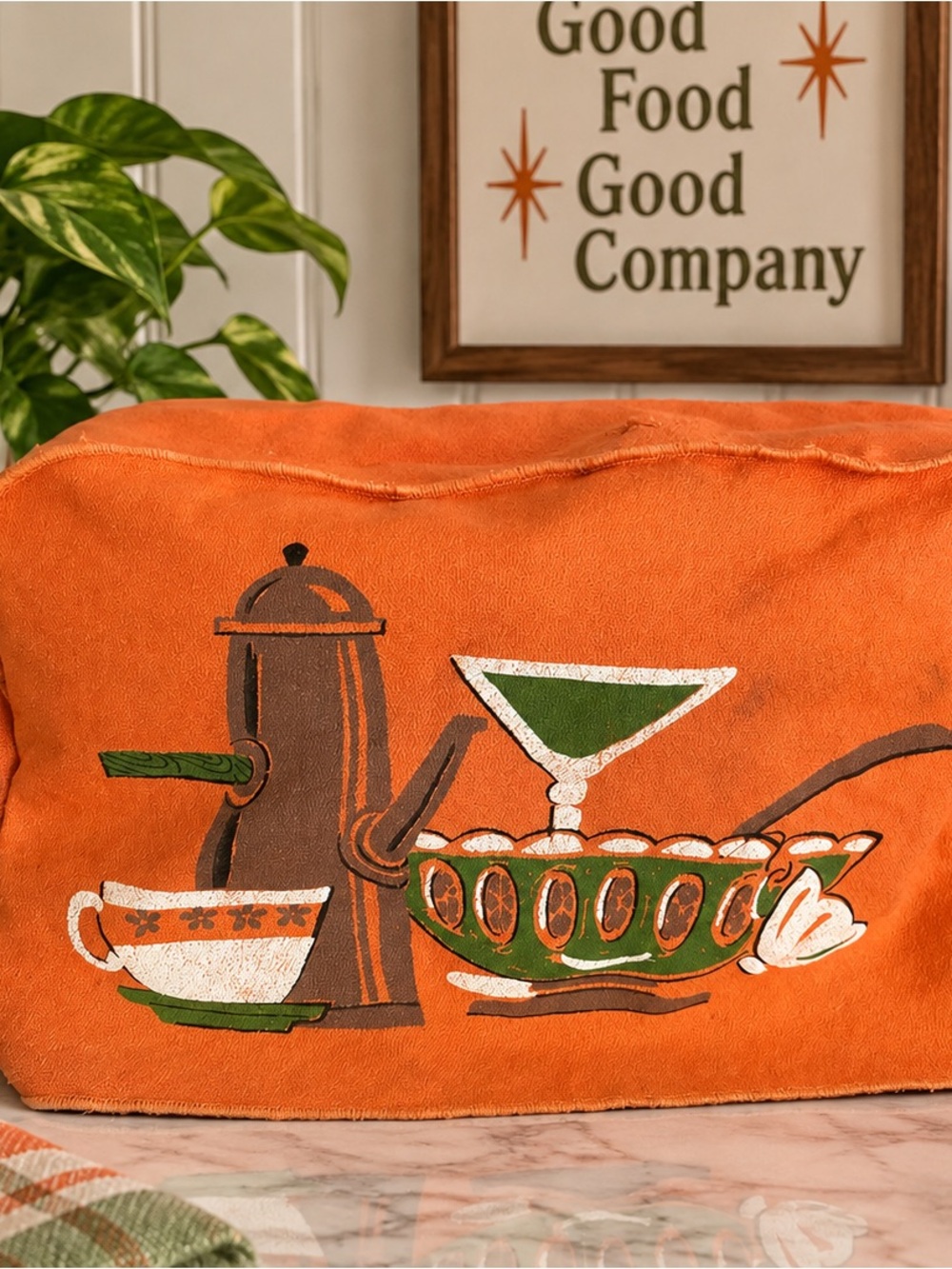 MCM Orange Kitchen Appliance Cover with Green & Brown Graphic